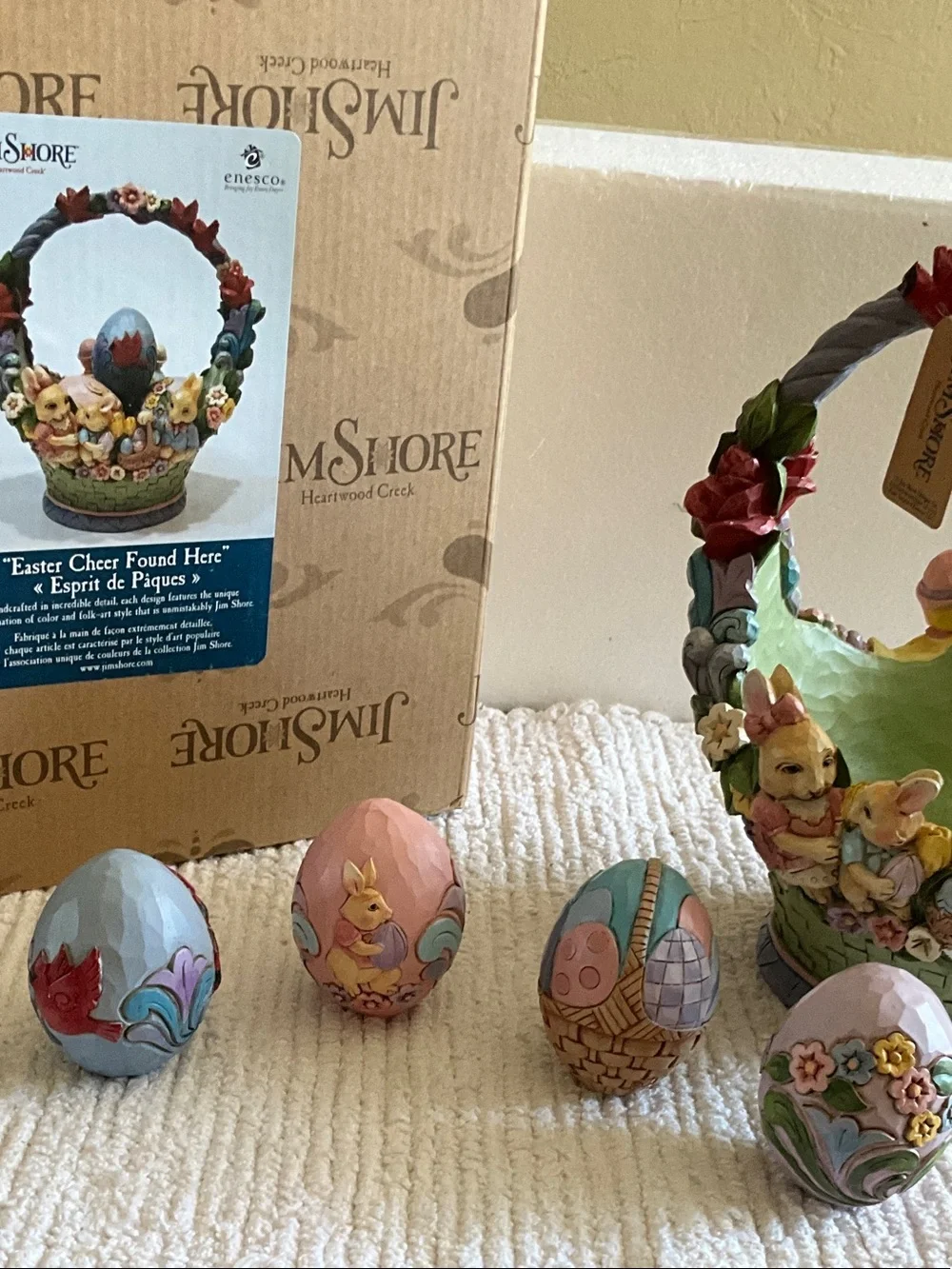 Jim Shore Easter Basket Figurine - Pastel Green, Pink, Blue, Yellow